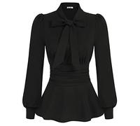 GRACE KARIN Women Blouse Set Waist Office Long Sleeve Puff Bow Tie Decorated Elegant Top, Black, L