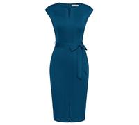 GRACE KARIN Women Bodycon Dress with Belt Crew Neck Front Slit Work Dress Peacock Blue XL