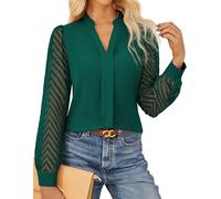 GRACE KARIN Women Business Casual Tops Sheer Lace Long Sleeve Blouses Work Office Pleated V Neck Shirt Fall Formal Outfits