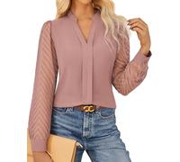 Grace Karin Women Business Casual Tops Sheer Lace Long Sleeve Blouses Work Office Pleated V Neck Shirt Fall Formal Outfits, Dusty Pink, S