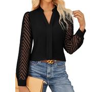 GRACE KARIN Women Business Casual Tops Sheer Lace Long Sleeve Blouses Work Office Pleated V Neck Shirt Fall Formal Outfits, Black, S