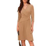 GRACE KARIN Women Business Dresses A Line Dress V Neck Wrap Dress Tie for Fall Khaki M