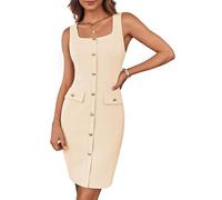 GRACE KARIN Women Business Work Dress Sleeveless Buttons Belted Square Neck Bodycon Midi Dress Apricot XXL
