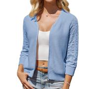 GRACE KARIN Women Cardigans Elegant V Neck 3/4 Sleeves Hollowed Out Knitwear S Light Blue