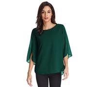 GRACE KARIN Women Casual 3/4 Sleeves T-Shirt Round Neck Dressy Chiffon Tops Blouse for Summer Dark Green M
