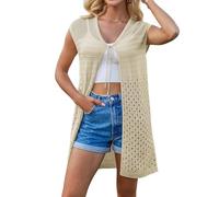 GRACE KARIN Women Casual Long Thin Beach Cardigan Short Sleeve Hollow Cardigan Crochet Cover Up Apricot M