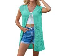 GRACE KARIN Women Casual Long Thin Beach Cardigan Short Sleeve Hollow Cardigan Crochet Cover Up Persian Green M