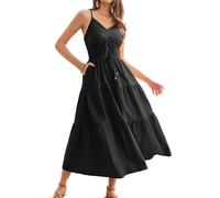 GRACE KARIN Women Casual Maxi Dress Spaghetti Straps V-Neck Cotton Dress Elastic Waist A-Line Dress Black XXL