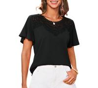 GRACE KARIN Women Casual Short Sleeve Blouse Loose Fit T-Shirt Crew Neck Tops Elegant Lace Blouse Black XXL