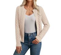 GRACE KARIN Women Cropped Cardigan Crew Neck Long Sleeve Button Down Cardigan Twisted Knitted Top Casual Sweater Beige S