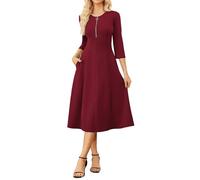 GRACE KARIN Women Dresses 3/4 Sleeve Zipper Crew Neck A-Line Dress with Pockets Elegant Midi Work Dress Casual Wine red S