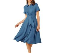 GRACE KARIN Women’ Elegant A-Line Button Down Dress Summer Knee-Length Short Sleeve Lapel Collar Midi Dress Blue 2XL
