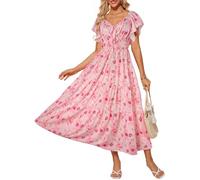 GRACE KARIN Women Elegant Floral Maxi Dress Ruffle Sleeve V Neck Summer Dresses Casual Boho Dress White Pink Flowers S