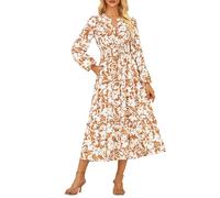GRACE KARIN Women Elegant Long Sleeve Dress A Linie V Neck Casual Floral Dress with Pockets Orange Beige Flower XXL