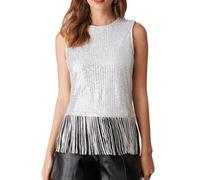 GRACE KARIN Women Elegant Sequin Party Blouse Glitter Tops with Fringed Hem Silver S