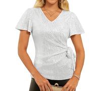 GRACE KARIN Women Elegant Sequin Party Tops Glitter Wrap Tops Sparkly Tunic Shirts Silver S