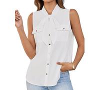 GRACE KARIN Women Elegant Sleeveless Satin Blouse Bow Tie Button Down Shirt Summer Tank Top White XXL