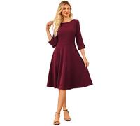 GRACE KARIN Women Elegant Work Dresses Boat Neck 3/4 Sleeve Formal Flared A-Line Party Dress Burgundy M