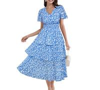 GRACE KARIN Women Flowy Ruffle Long Beach Sundress Ruffle Tiered Maxi Dress A Line Short Sleeve Dress for Wedding Party Blue White Flowers M