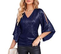 GRACE KARIN Women Glitter Tunic Tops Sequin Party Flounce Long Sleeve Elegant Blouse Casual Classic Top Shirt Navy Blue L