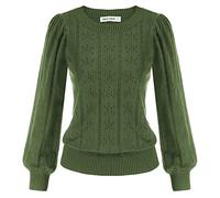 GRACE KARIN Women Hollowed Out Sweater Pullover Puffed Long Sleeve Casual Daily Office Jumper Knitwear Navy Olive Green M