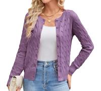 GRACE KARIN Women Lightweight Cardigan Button Down Crew Neck Knitwear Sweater Tops Long Sleeve Cable Knit Shrugs L Purple