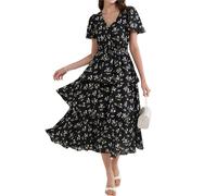 GRACE KARIN Women Long Maxi Beach Vacation Dresses - Short Sleeve, Strappy, Flowing White Flowers Dress