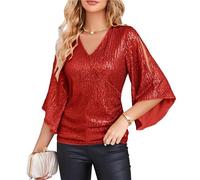 GRACE KARIN Women Long Sleeve Tops for Winter Sexy V-Neck Chiffon Flounce Sleeve Sequin Top Elegant Cocktail Party Shirt Red 2XL