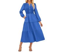 GRACE KARIN Women Mid-Calf Length Dress Long Sleeve V-Neck Elastic Waist Tiered Skirt with Side Pockets Blue S