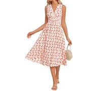 GRACE KARIN Women Printed Midi Dress Sleeveless Smocked Waist Beach Dress with Pockets Orange Red Curved Circle M