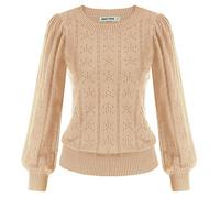 GRACE KARIN Women Puffed Long Sleeve Jumper Pullover Autumn Winter Hollowed Out Elastic Outing Sweater Apricot L