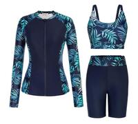 GRACE KARIN Women Rashguard Swimsuits Built-in Bra Swim Tops Sun Protective Bathing Suits with High Rise Pants Blue XL