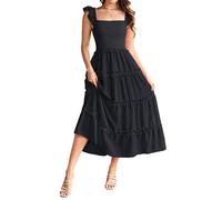 GRACE KARIN Women Ruffle Straps Boho Dresses Flowy A-line Smocked Elastic Tiered Maxi Dresses for Wedding Holiday CLK028-1/Black M