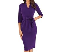 GRACE KARIN Women’s Casual V-Neck Vintage Long Sleeve Bodycon Business Pencil Dress with Pockets - Elegant Wedding Guest Dress in M Purple Size 14