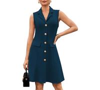 GRACE KARIN Women’s Elegant Sleeveless Dresses Summer Lapel Collar Solid Color A-Line Casual Formal Dresses M Peacock Blue
