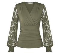 GRACE KARIN Women’s Long Sleeve Tops Elegant Wrap V-Neck Ruched Tunic Blouses Casual Vintage Blouse Shirt Olive Green L