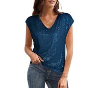 GRACE KARIN Women’s Sequin Top Winter Xmas Short Sleeve V-Neck Sequin Glitter Shirt Casual Classic Blouses for Women UK XL Size 18 Navy Blue