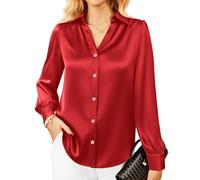 GRACE KARIN Women Satin Blouse Elegant V Neck Long Sleeve Button Down Office Work Shirt Tops Red XL