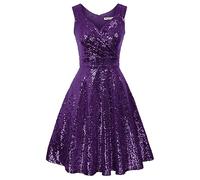 GRACE KARIN Women Sequined Dresses for Christmas Party Glitter V-Neck A-line Festival Communion Princess Dress Sequined Purple S