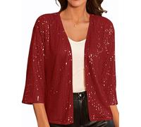 GRACE KARIN Women Sequins Short Open Cardigan Sweater Long Sleeve Peplum Sweater Top Shawl Sparkly Cardigan Bright Red S