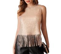 GRACE KARIN Women Sparkly Sequined Tops Sleeveless Glitter Blouse T-Shirts Rose Gold L