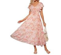 GRACE KARIN Women Summer Casual Floral Dress A-Linie Sundress Ruffle Sleeve V Neck Beach Dress Pink Flower XL