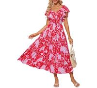 GRACE KARIN Women Summer Casual Floral Dress A-Linie Sundress Ruffle Sleeve V Neck Beach Dress Red Pink Flower XL