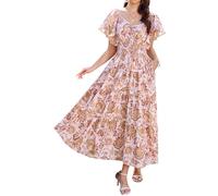 GRACE KARIN Women Summer Casual Floral Dress A-Linie Sundress Ruffle Sleeve V Neck Beach Dress White Yellow Flower XL