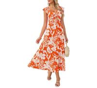 GRACE KARIN Women Summer Floral Maxi Dress Ruffle Sleeve Wedding Guest Dresses Smocked Boho Sundress with Pocket White Orange M