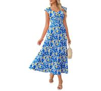 GRACE KARIN Women Summer Floral Maxi Dress Ruffle Sleeve Wedding Guest Dresses Smocked Boho Sundress with Pocket Blue Yellow S