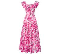 GRACE KARIN Women Summer Maxi Dress Casual Floral Wedding Guest Dresses A-line Split Square Neck Sundress with Pockets Rose Red Floral XXL