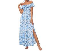 GRACE KARIN Women Summer Maxi Dress Casual Floral Wedding Guest Dresses A-line Split Square Neck Sundress with Pockets Blue Floral M