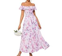 GRACE KARIN Women Summer Maxi Dress Casual Floral Wedding Guest Dresses A-line Split Square Neck Sundress with Pockets Purple Pink Floral M