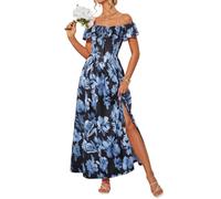 GRACE KARIN Women Summer Maxi Dress Casual Floral Wedding Guest Dresses A-line Split Square Neck Sundress with Pockets Blue Black Floral S
